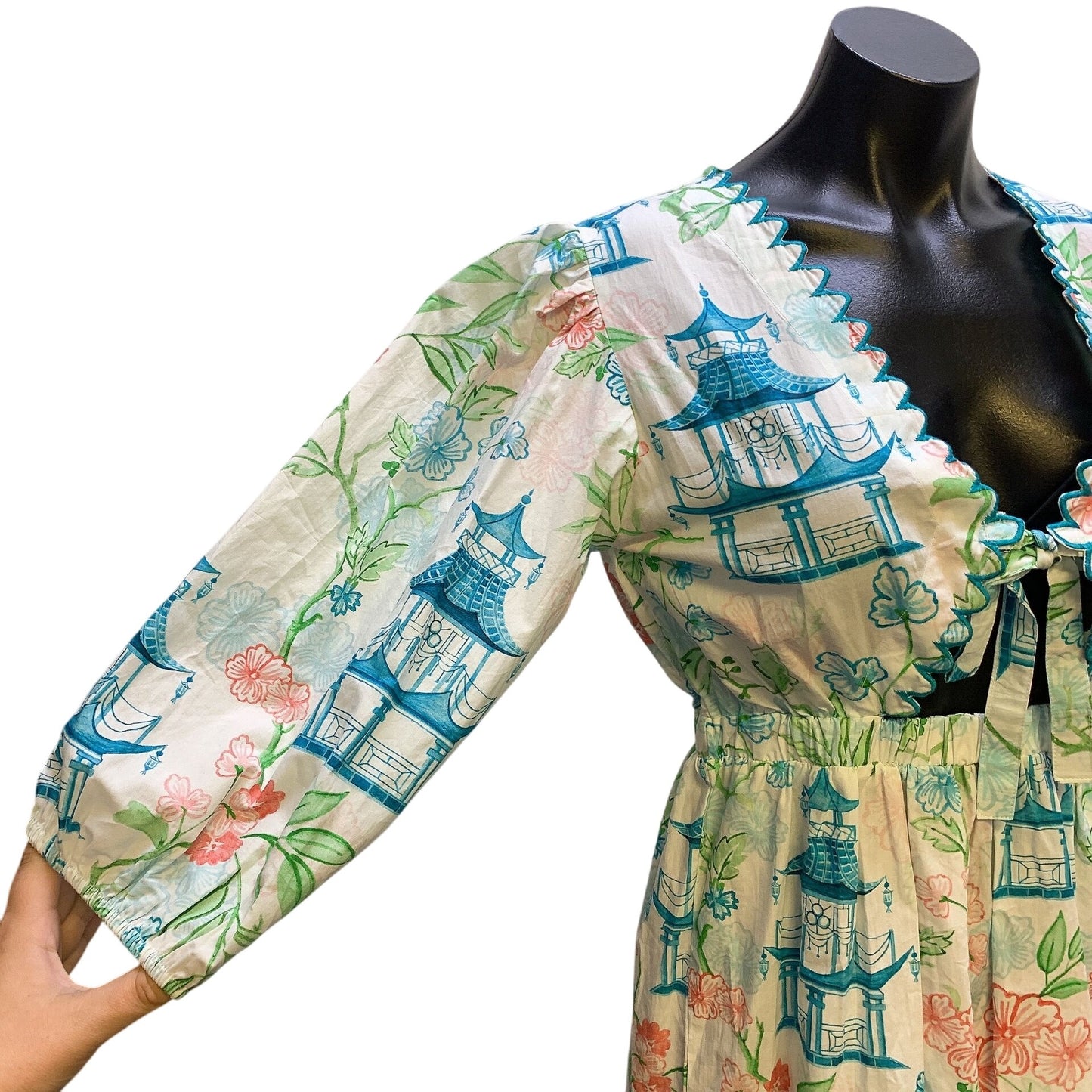NWT Marigold Floral Lantern Print Dress W/Scalloped Trim & Puff Sleeves Size M