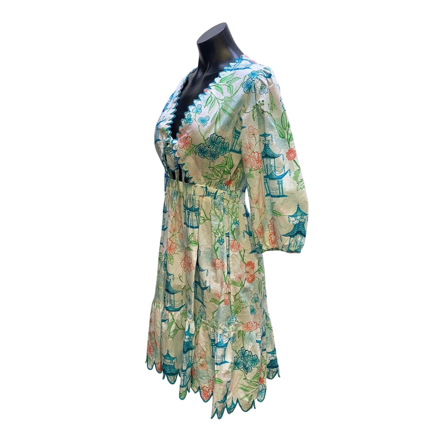NWT Marigold Floral Lantern Print Dress W/Scalloped Trim & Puff Sleeves Size M