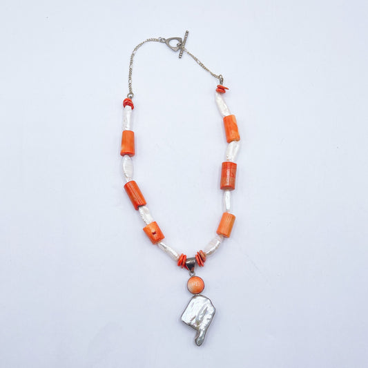 Vintage 925 Signed JS Unique Mabe Pearl Shell Coral Pendant Pearl & Coral Beads Necklace
