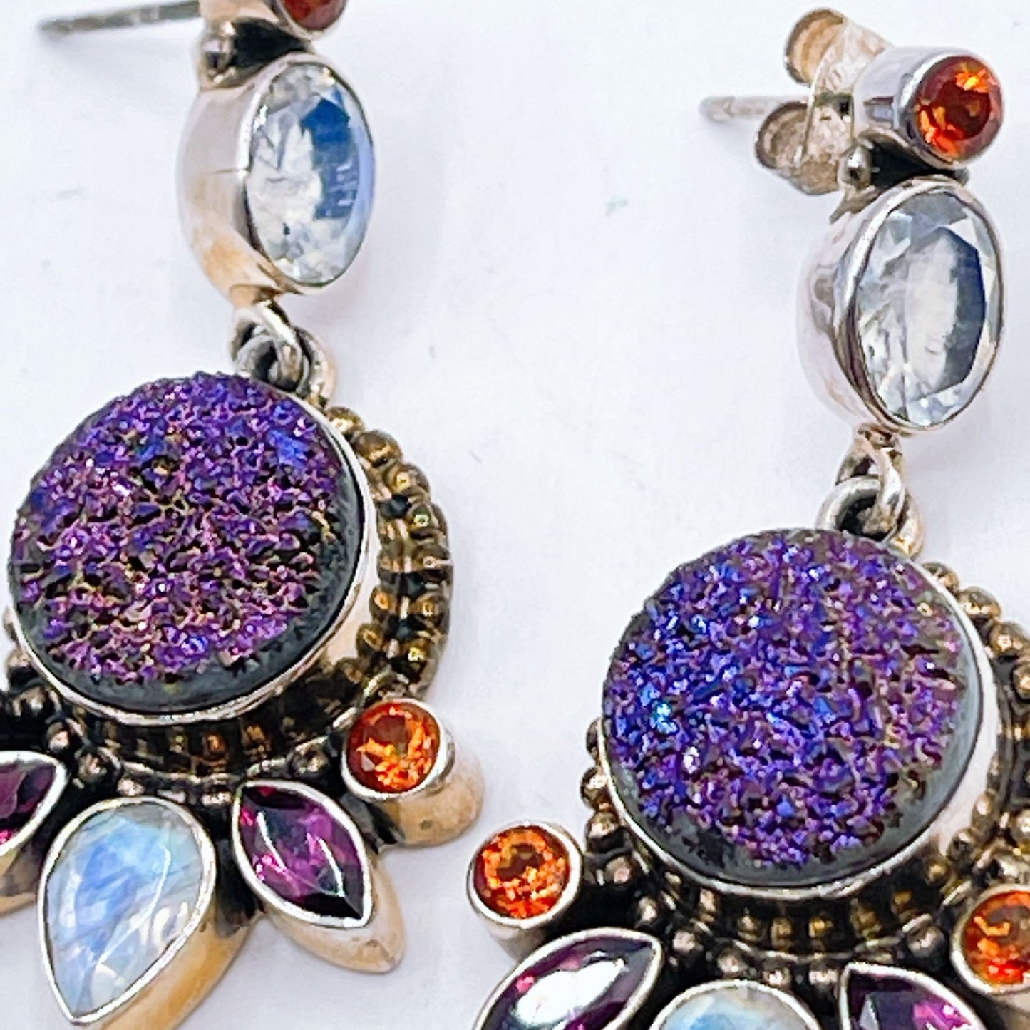 Nicky Butler Sterling Silver Earrings Purple Druzy Moonstone Garnet & Citrine Gems