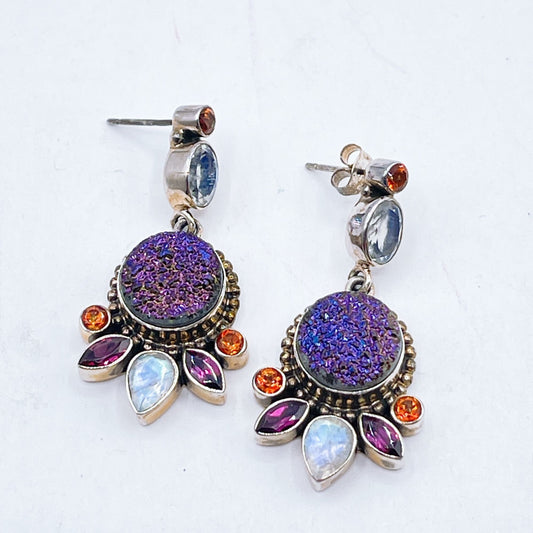 Nicky Butler Sterling Silver Earrings Purple Druzy Moonstone Garnet & Citrine Gems