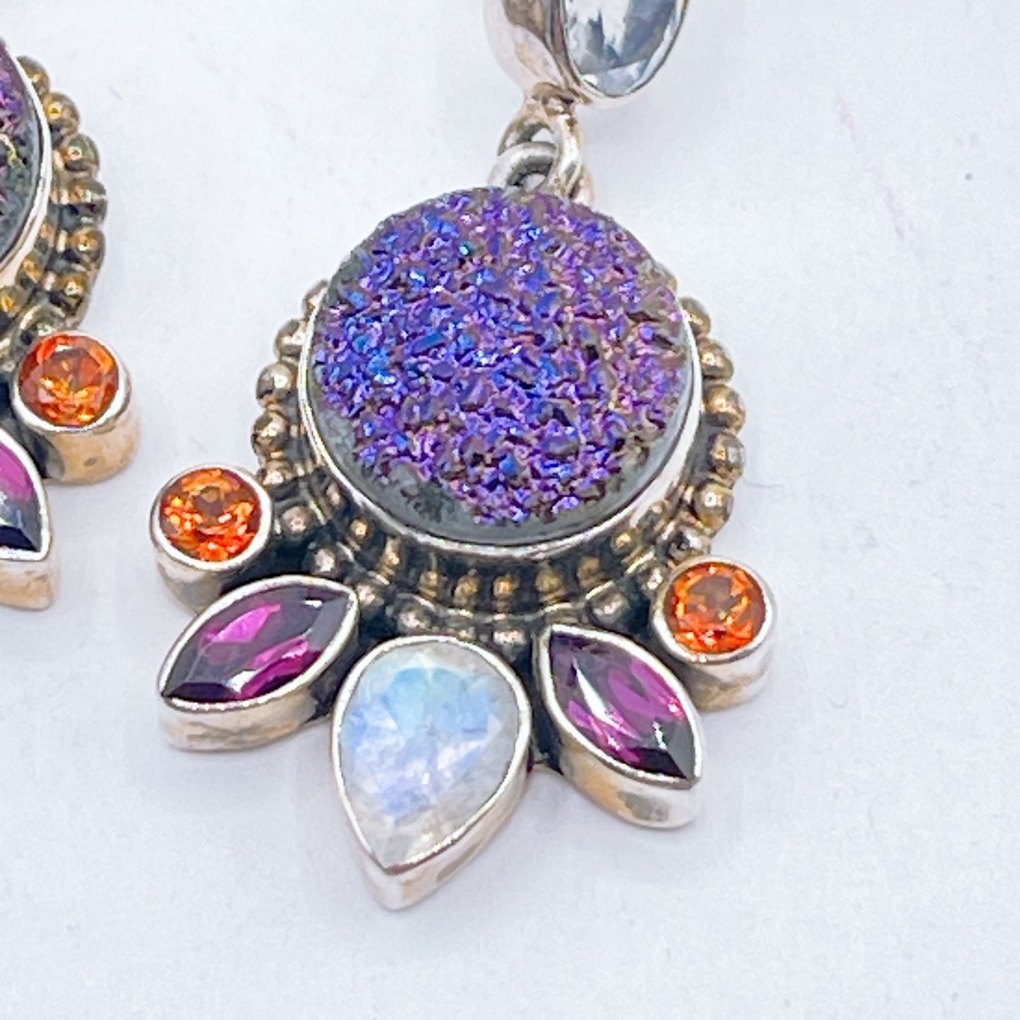 Nicky Butler Sterling Silver Earrings Purple Druzy Moonstone Garnet & Citrine Gems