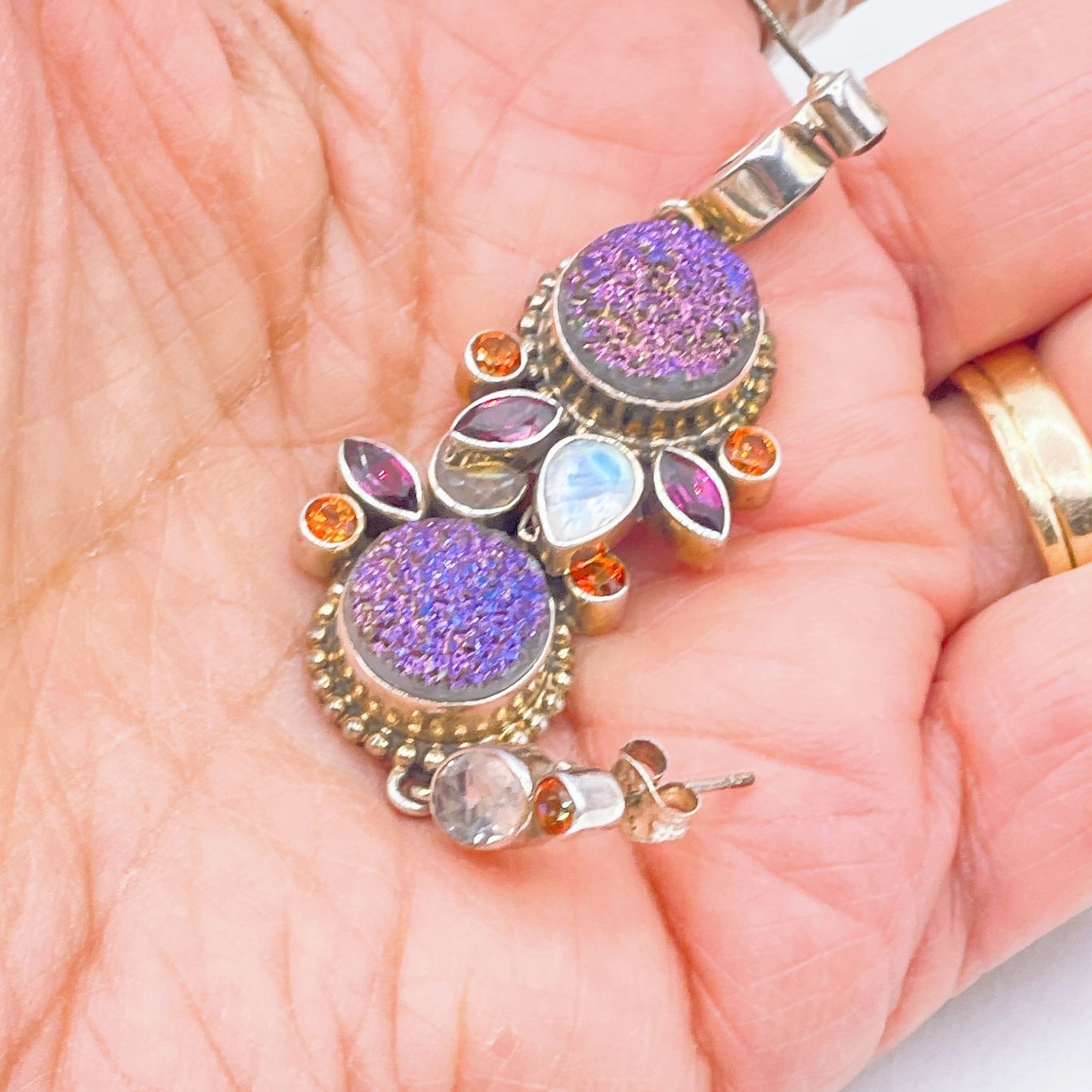 Nicky Butler Sterling Silver Earrings Purple Druzy Moonstone Garnet & Citrine Gems