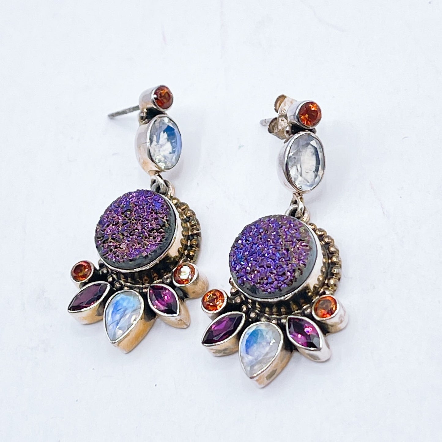 Nicky Butler Sterling Silver Earrings Purple Druzy Moonstone Garnet & Citrine Gems