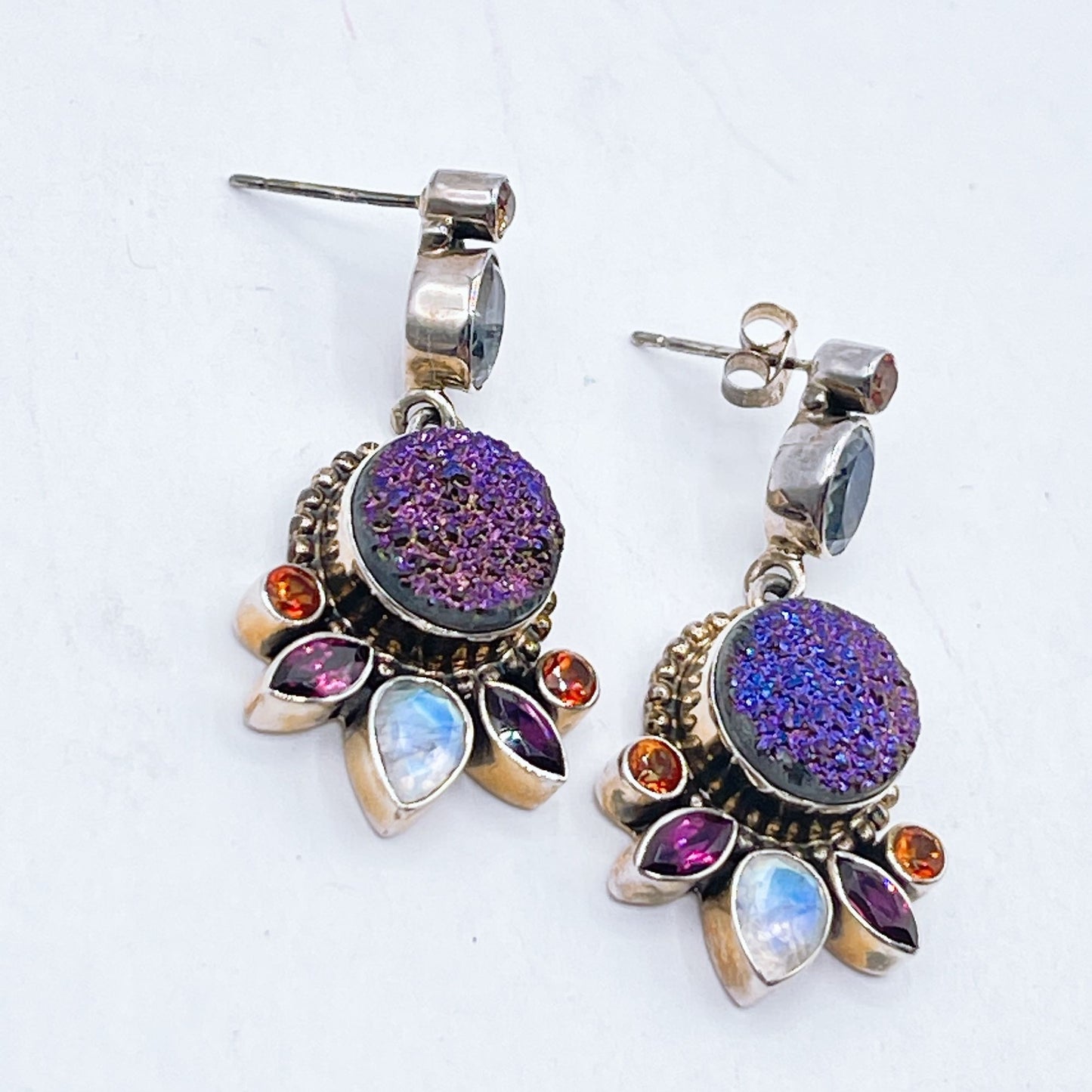 Nicky Butler Sterling Silver Earrings Purple Druzy Moonstone Garnet & Citrine Gems
