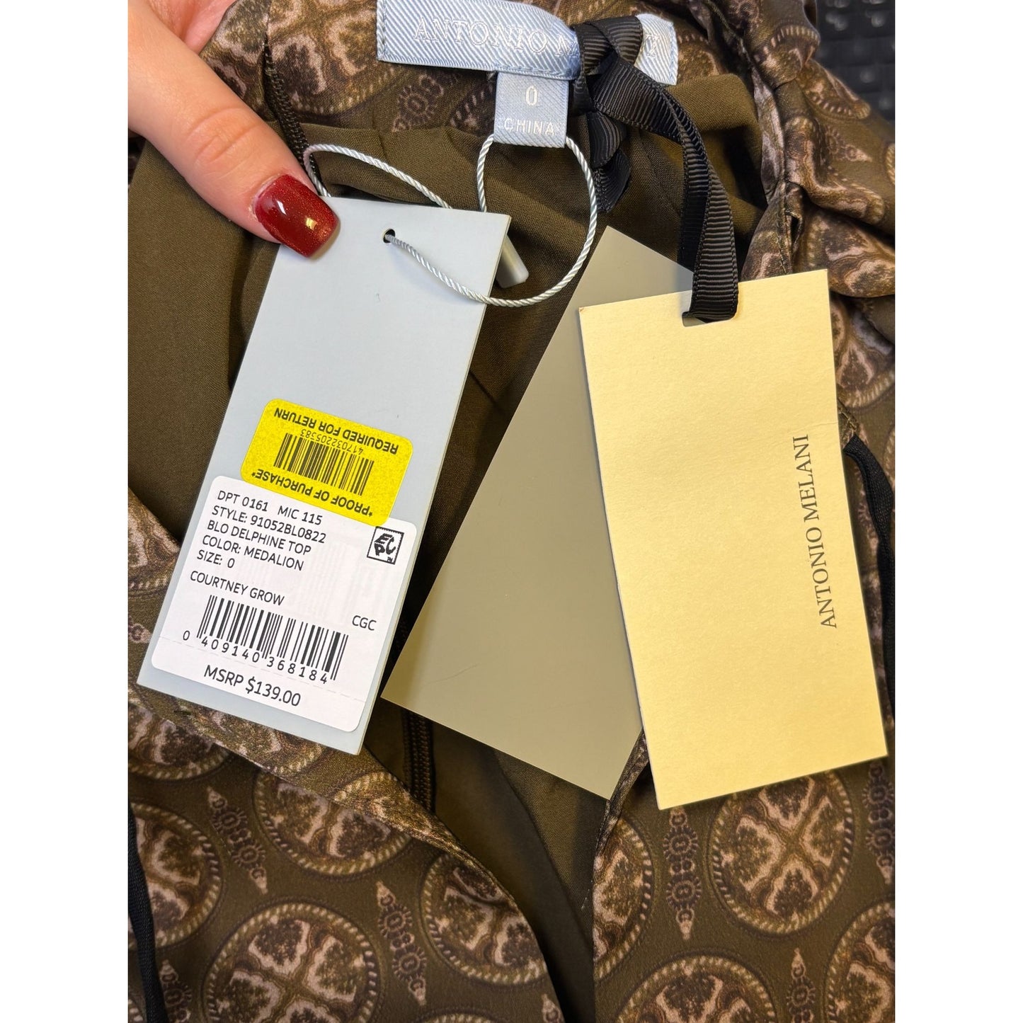 NWT Antonio Melani Brown Print Blouse With Puff Sleeves Size 0