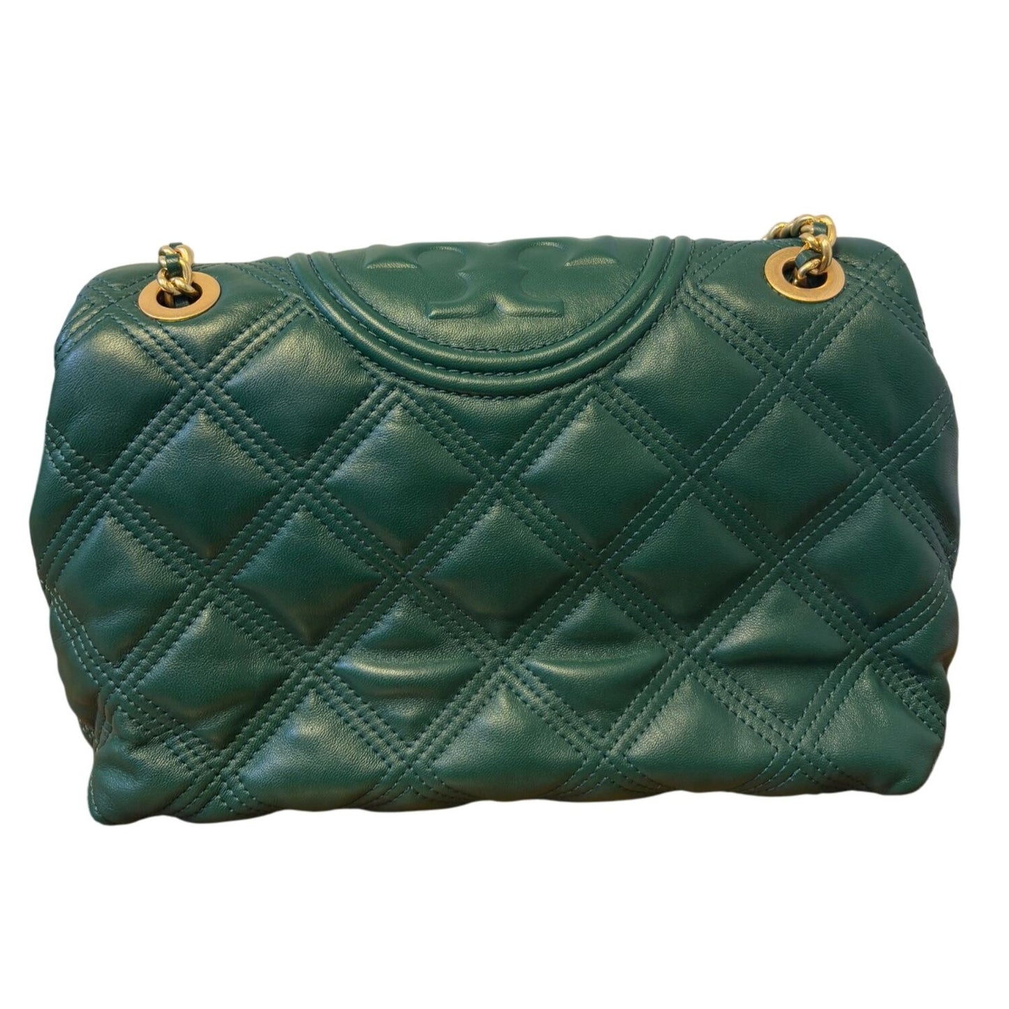 Tory Burch Green Quilted Leather Shoulder Bag Gold Chain Strap Logo Detail