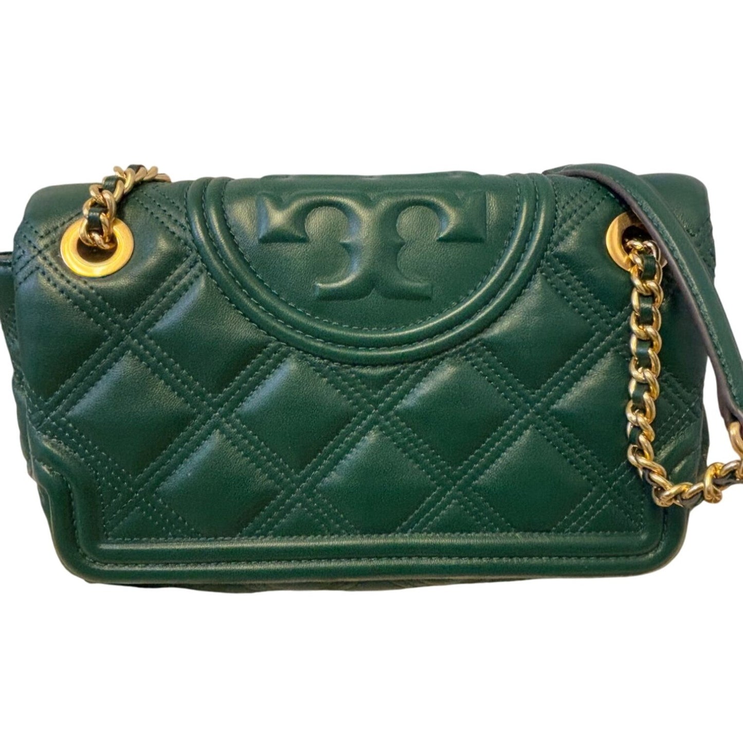 Tory Burch Green Quilted Leather Shoulder Bag Gold Chain Strap Logo Detail