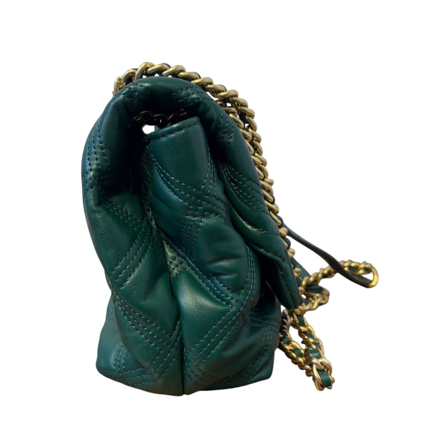 Tory Burch Green Quilted Leather Shoulder Bag Gold Chain Strap Logo Detail