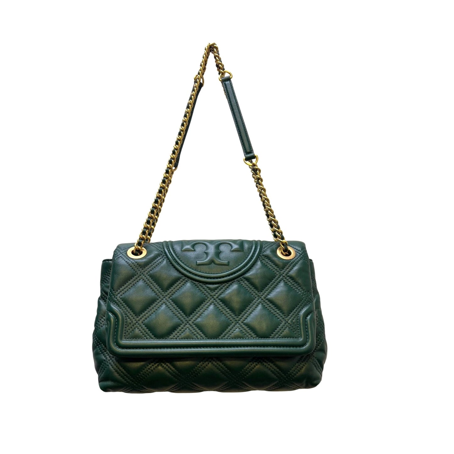 Tory Burch Green Quilted Leather Shoulder Bag Gold Chain Strap Logo Detail