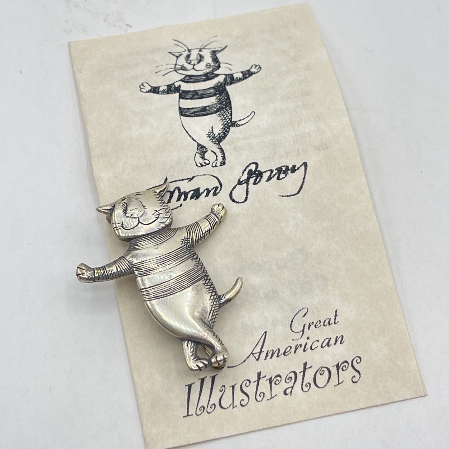 Edward Gorey Eman Govey Silver Cat about Town Dancing Happy Cat Pin Brooch