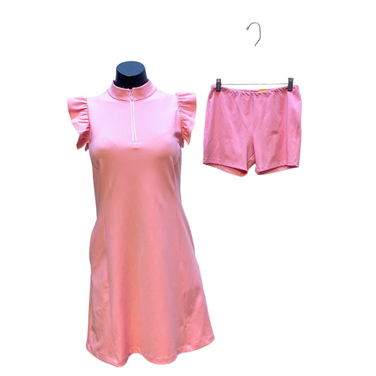 Byrdie Golf Pink Sleeveless Dress & Shorts Set Ruffle Shoulders Zip Collar S