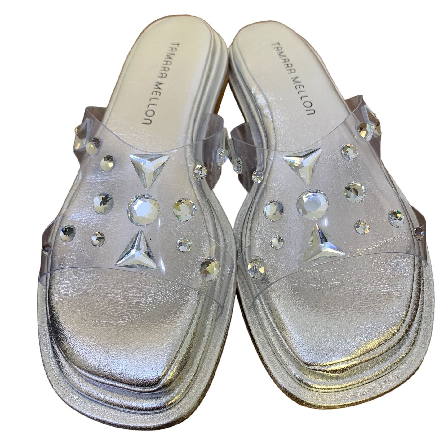 Tamara Mellon Silver & Clear Gem Embellished Slide Sandals 6.5