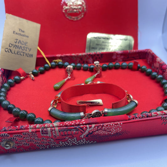 Exclusive Jade Dynasty Collection Necklace Bracelet & Earrings Set Genuine Green Jade Red Decorative Box