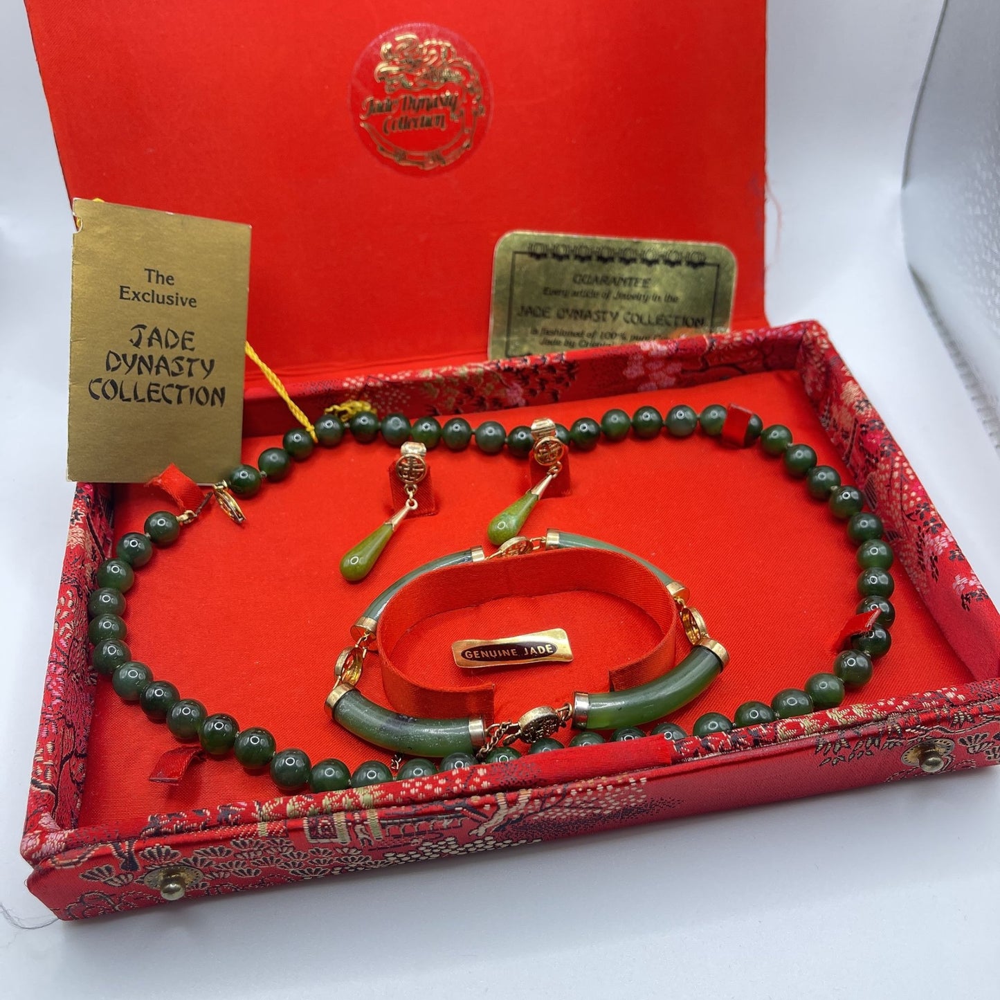 Exclusive Jade Dynasty Collection Necklace Bracelet & Earrings Set Genuine Green Jade Red Decorative Box