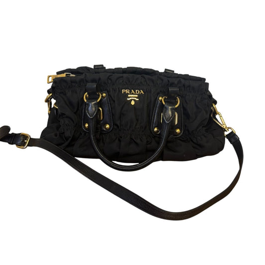 Prada Milano Black Ruffle Trim Satchel With Gold Tone Hardware M