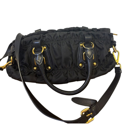 Prada Milano Black Ruffle Trim Satchel With Gold Tone Hardware M