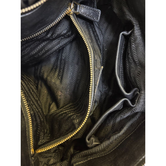 Prada Milano Black Ruffle Trim Satchel With Gold Tone Hardware M