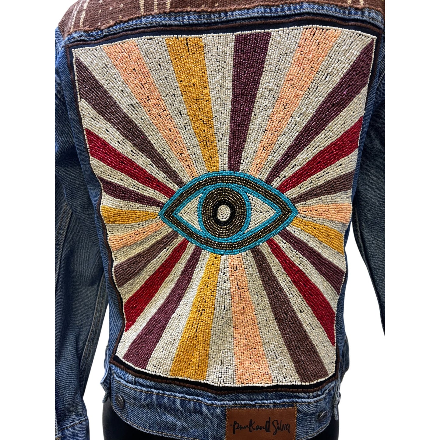 Levis Denim Jacket With Beaded Eye Design On Back & Brown Accents M
