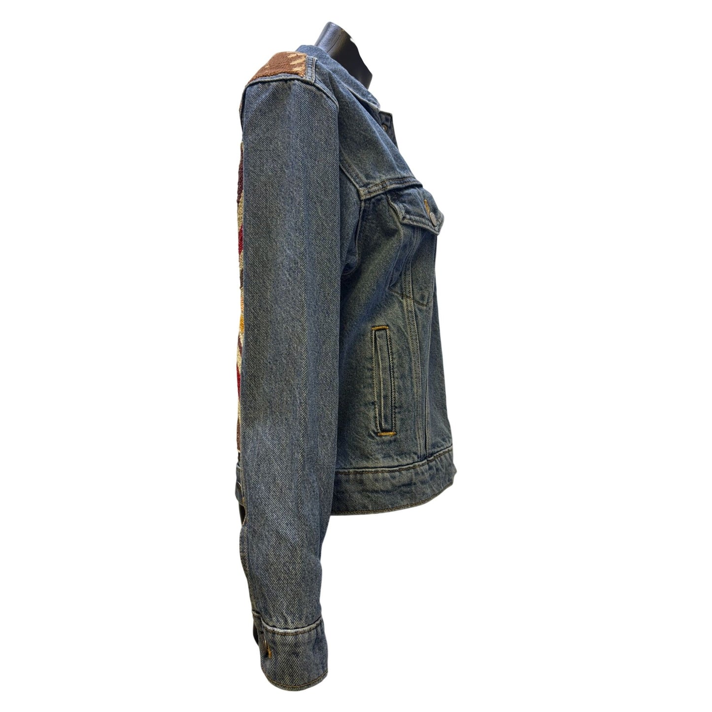 Levis Denim Jacket With Beaded Eye Design On Back & Brown Accents M