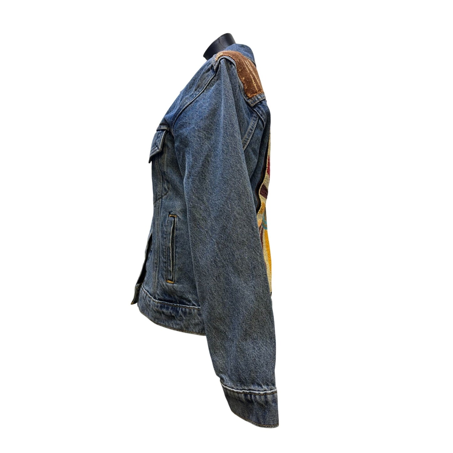 Levis Denim Jacket With Beaded Eye Design On Back & Brown Accents M