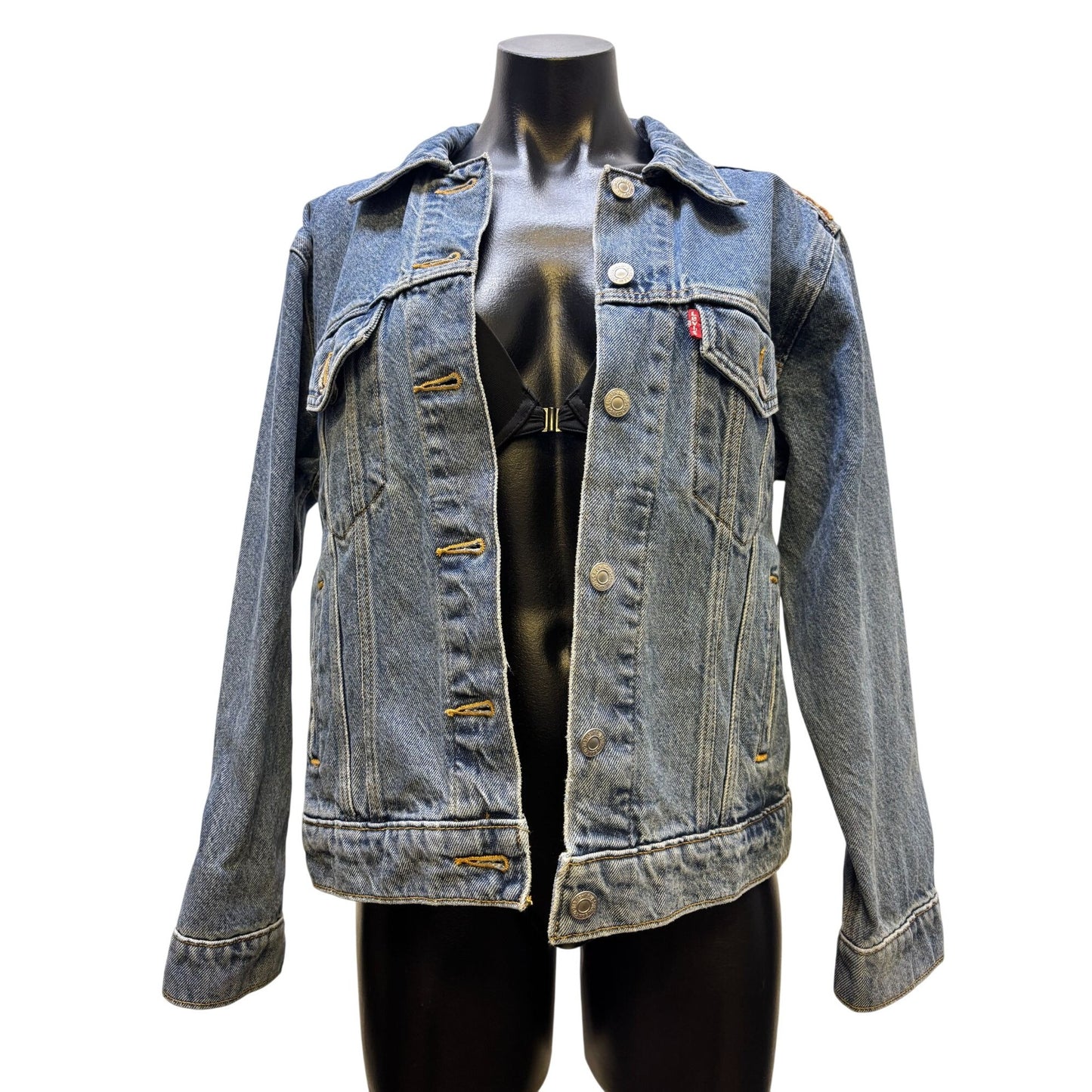 Levis Denim Jacket With Beaded Eye Design On Back & Brown Accents M