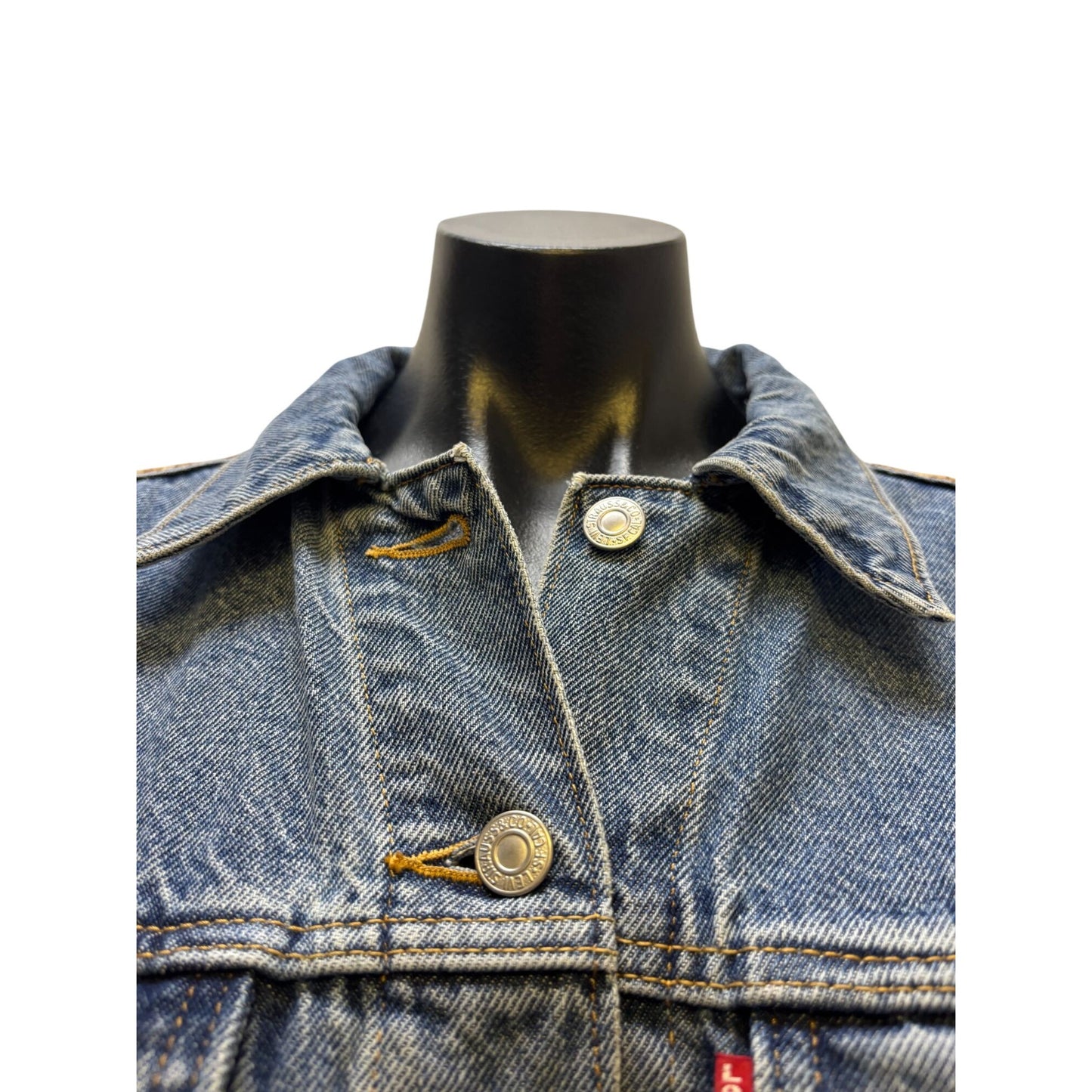 Levis Denim Jacket With Beaded Eye Design On Back & Brown Accents M