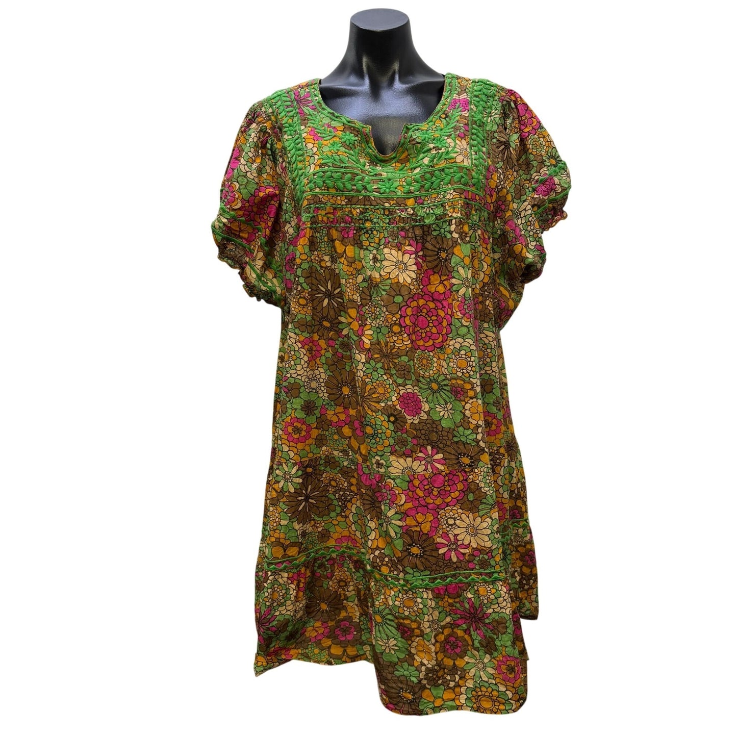 Sister Mary Floral Embroidered Boho Dress Brown Multi XL