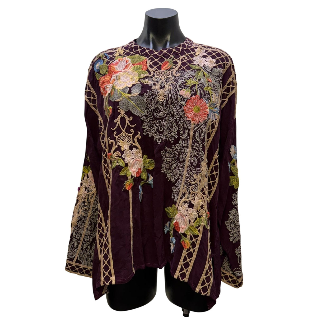 NWT Johnny Was Dionne Blouse Embroidered Floral Pattern Purple L