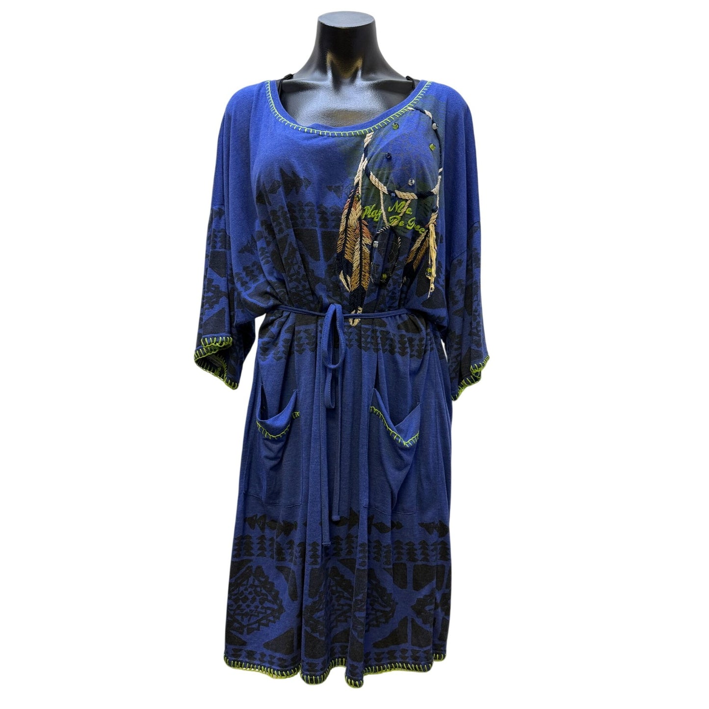 Double D Ranch Embroidered Belted Blue Dress With Pockets & Feather Accents L