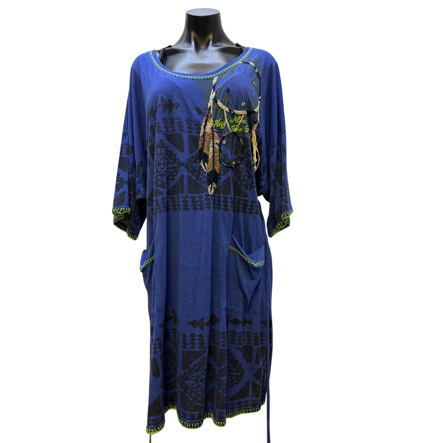 Double D Ranch Embroidered Belted Blue Dress With Pockets & Feather Accents L