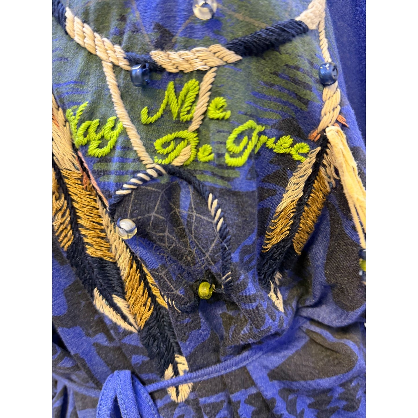 Double D Ranch Embroidered Belted Blue Dress With Pockets & Feather Accents L