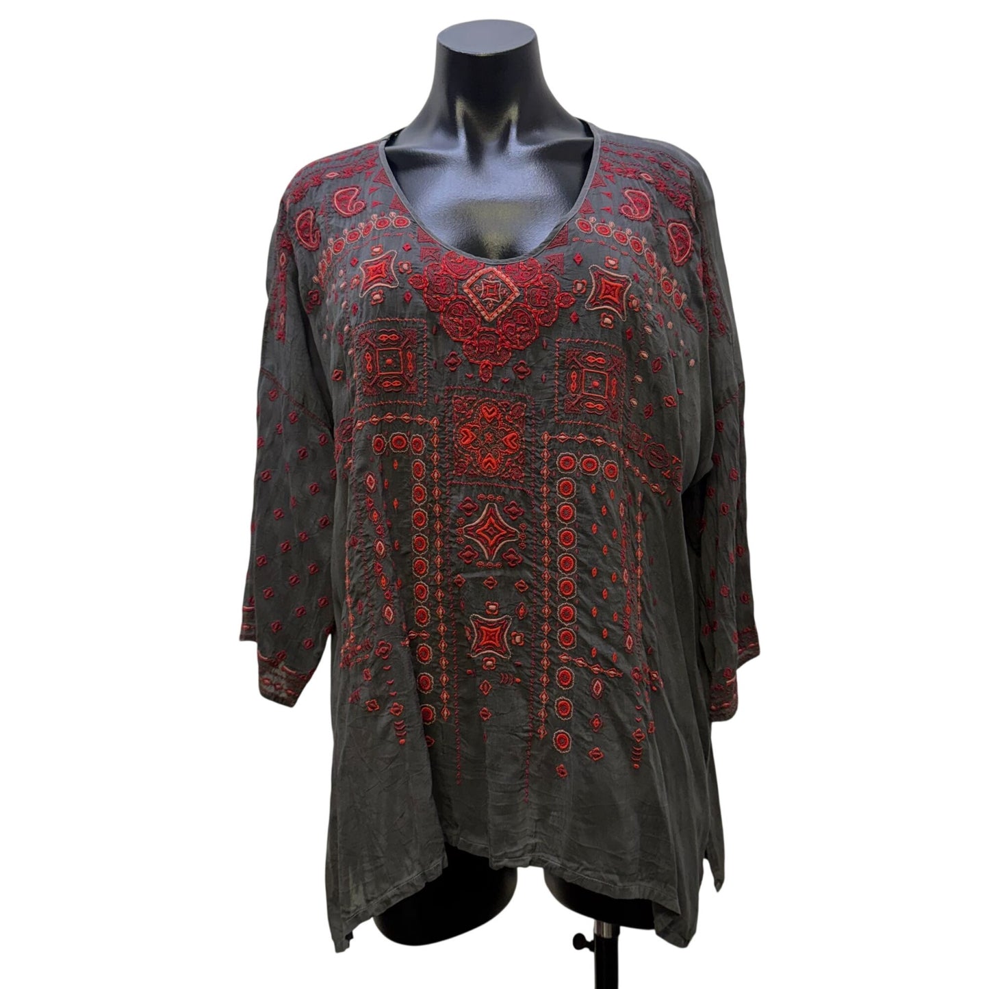 Johnny Was Gray Rayon Blouse With Red Embroidery Size M