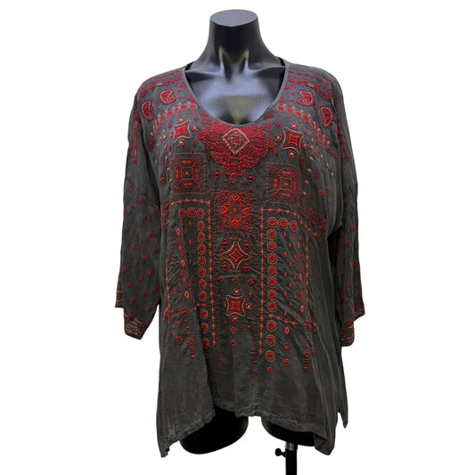 Johnny Was Gray Rayon Blouse With Red Embroidery Size M