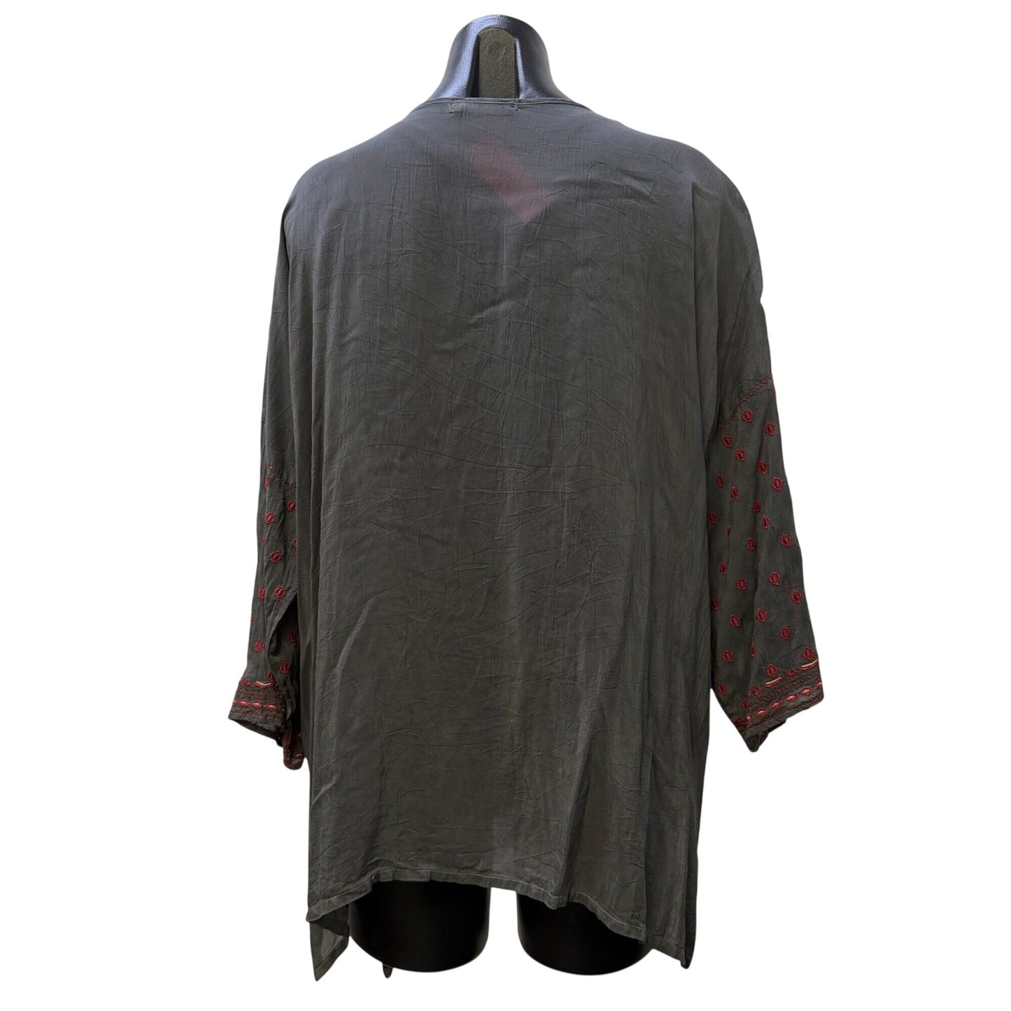Johnny Was Gray Rayon Blouse With Red Embroidery Size M