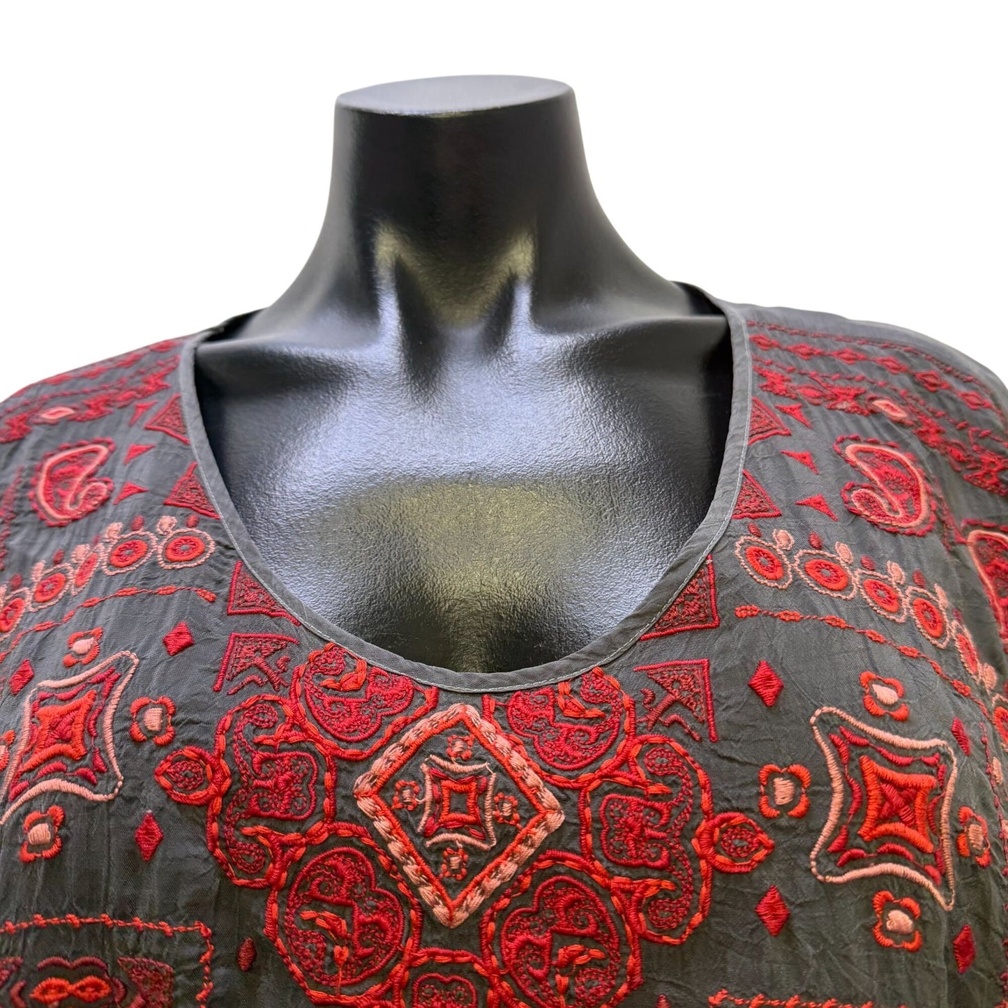 Johnny Was Gray Rayon Blouse With Red Embroidery Size M
