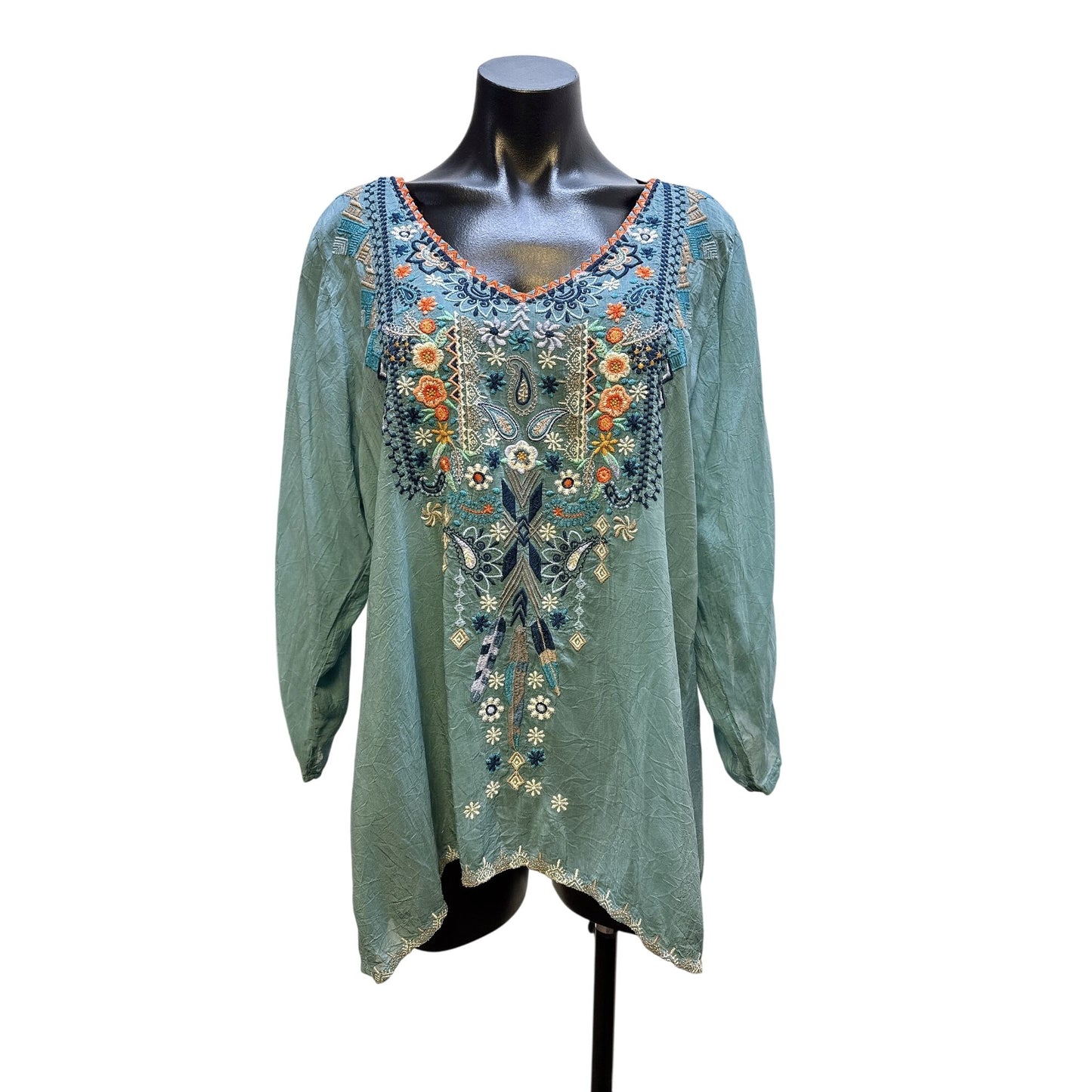 Johnny Was Teal w/ Multicolored Embroidery Tunic Blouse Size L