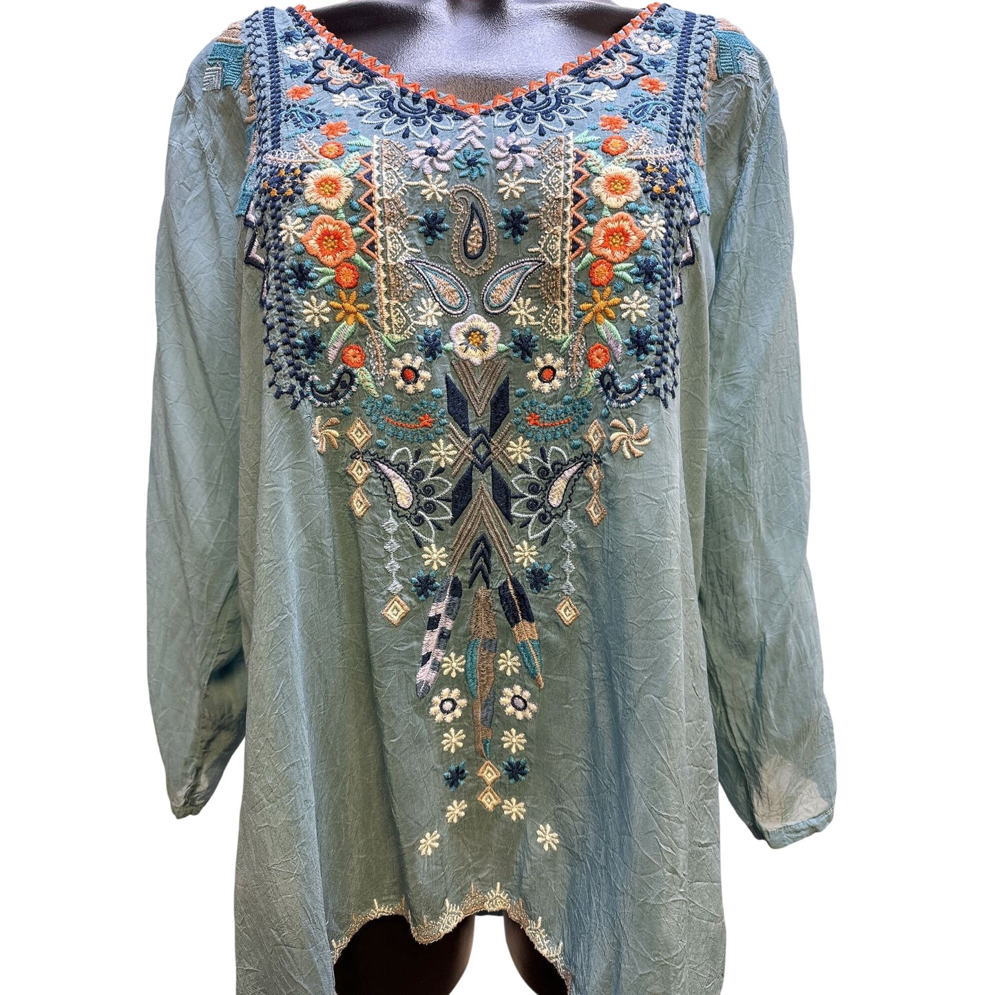 Johnny Was Teal w/ Multicolored Embroidery Tunic Blouse Size L