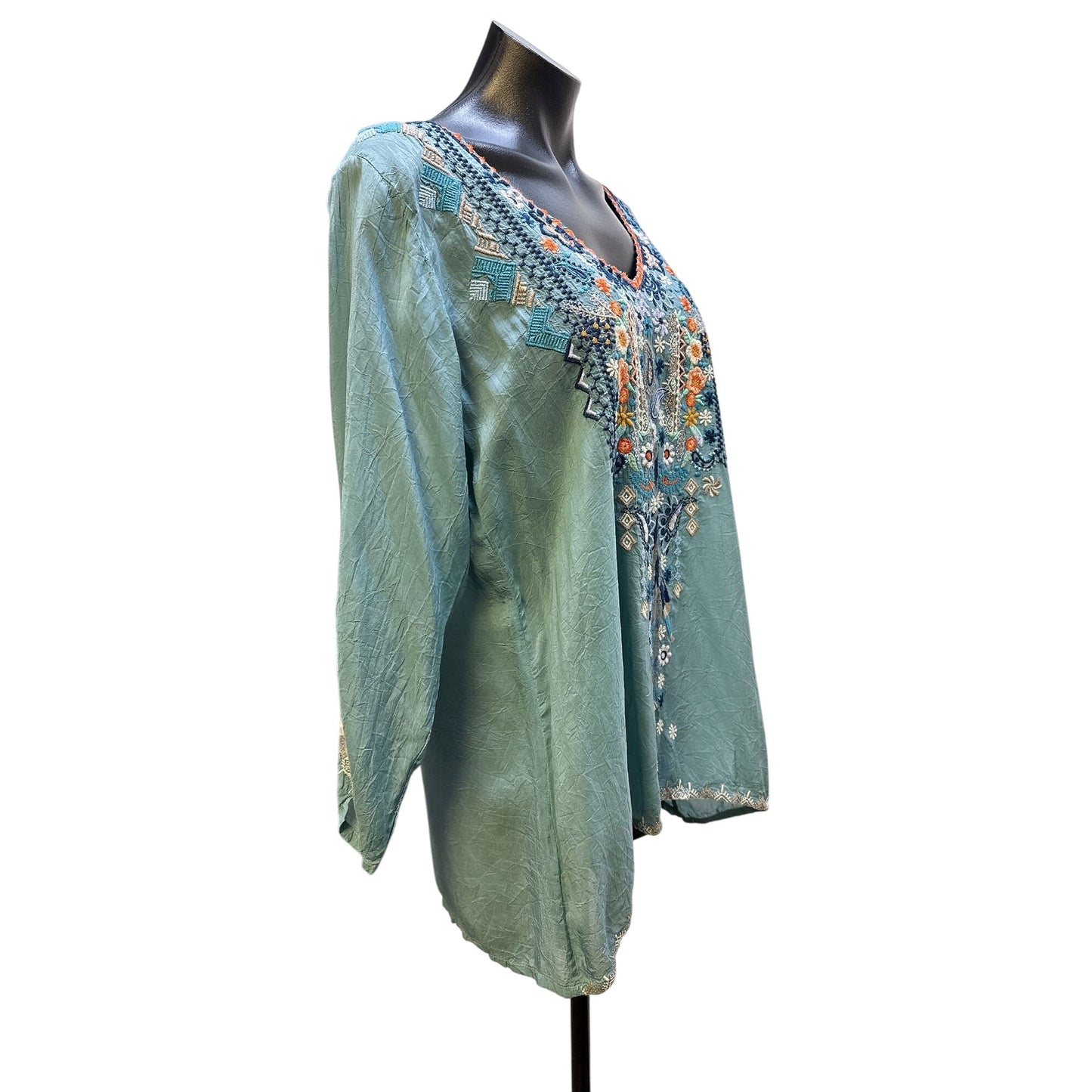 Johnny Was Teal w/ Multicolored Embroidery Tunic Blouse Size L