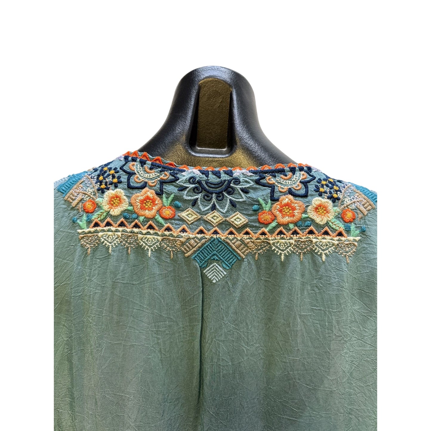 Johnny Was Teal w/ Multicolored Embroidery Tunic Blouse Size L