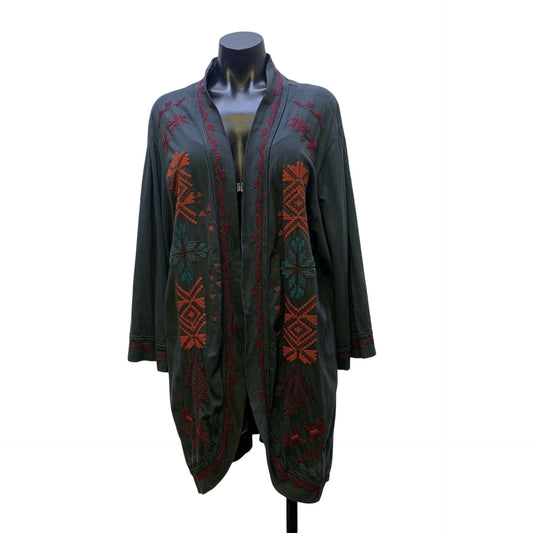 Johnny Was Embroidered Cardigan In Charcoal Gray XL