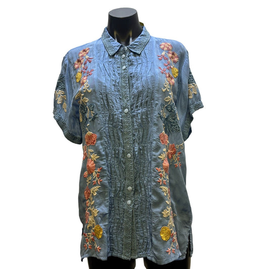 Johnny Was Embroidered Blue Short Sleeve Blouse L