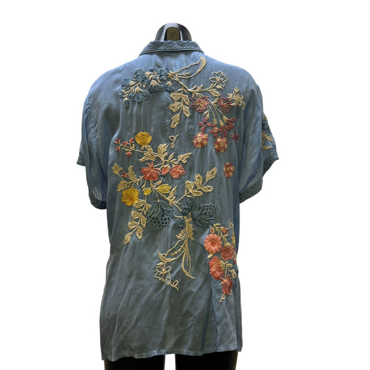 Johnny Was Embroidered Blue Short Sleeve Blouse L