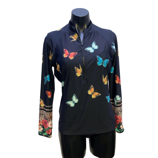 NWT Johnny Was Black w/Multicolored Butterflies 1/2 Zip Pullover Blouse/Jacket Size Large