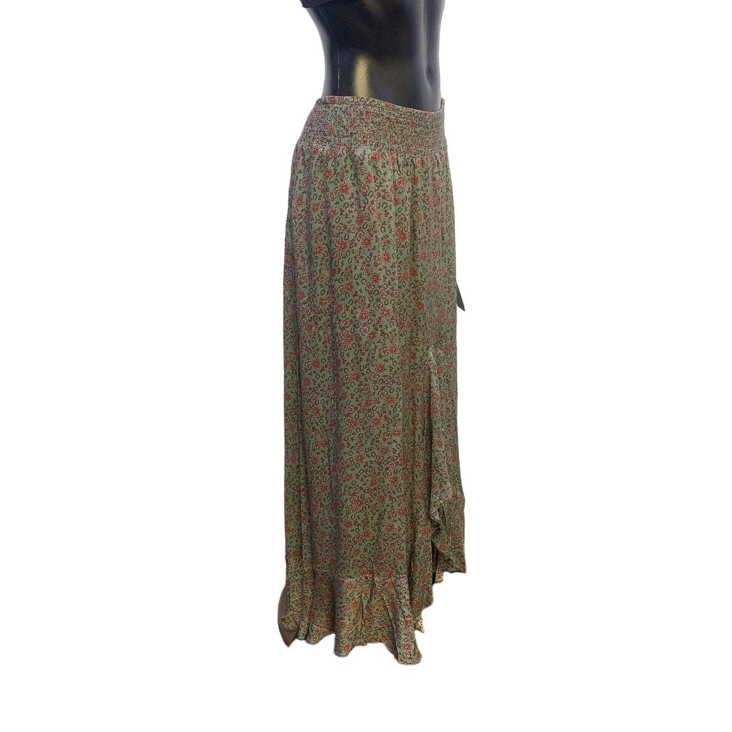 NWT Double D Ranch Wear Green w/Wine Print Maxi Skirt Size Medium