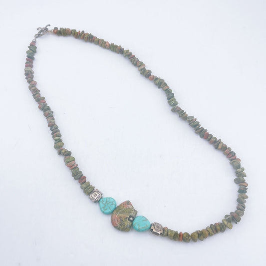 Green BlueTurquoise Stone Beads With Bear Pendant Tribal Necklace Long