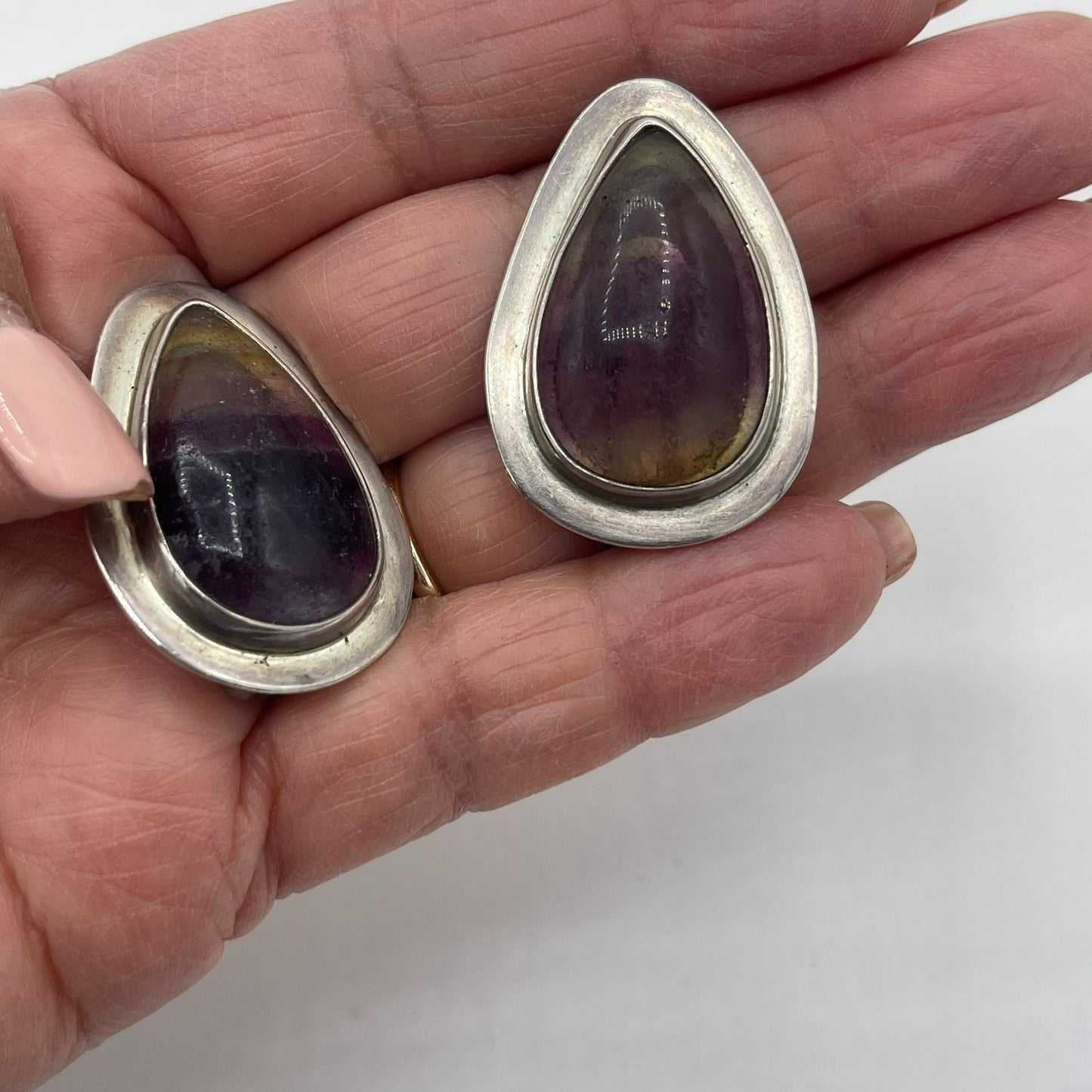 .925 Silver Oval Purple & Brown Stripe Stone Clip-On Earrings M