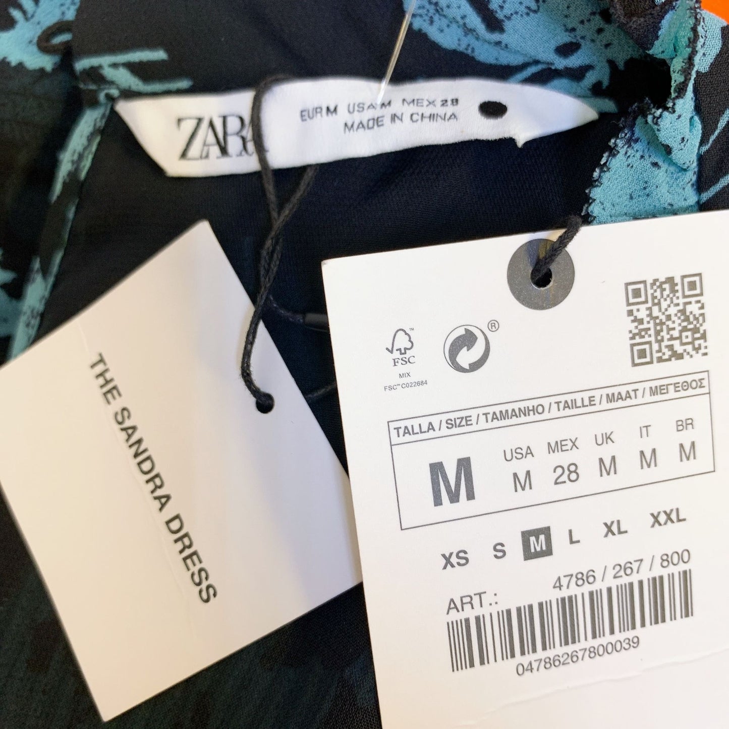 Zara NWT Black & Turquoise Pleated Print Dress w/ Self Belt Size Medium