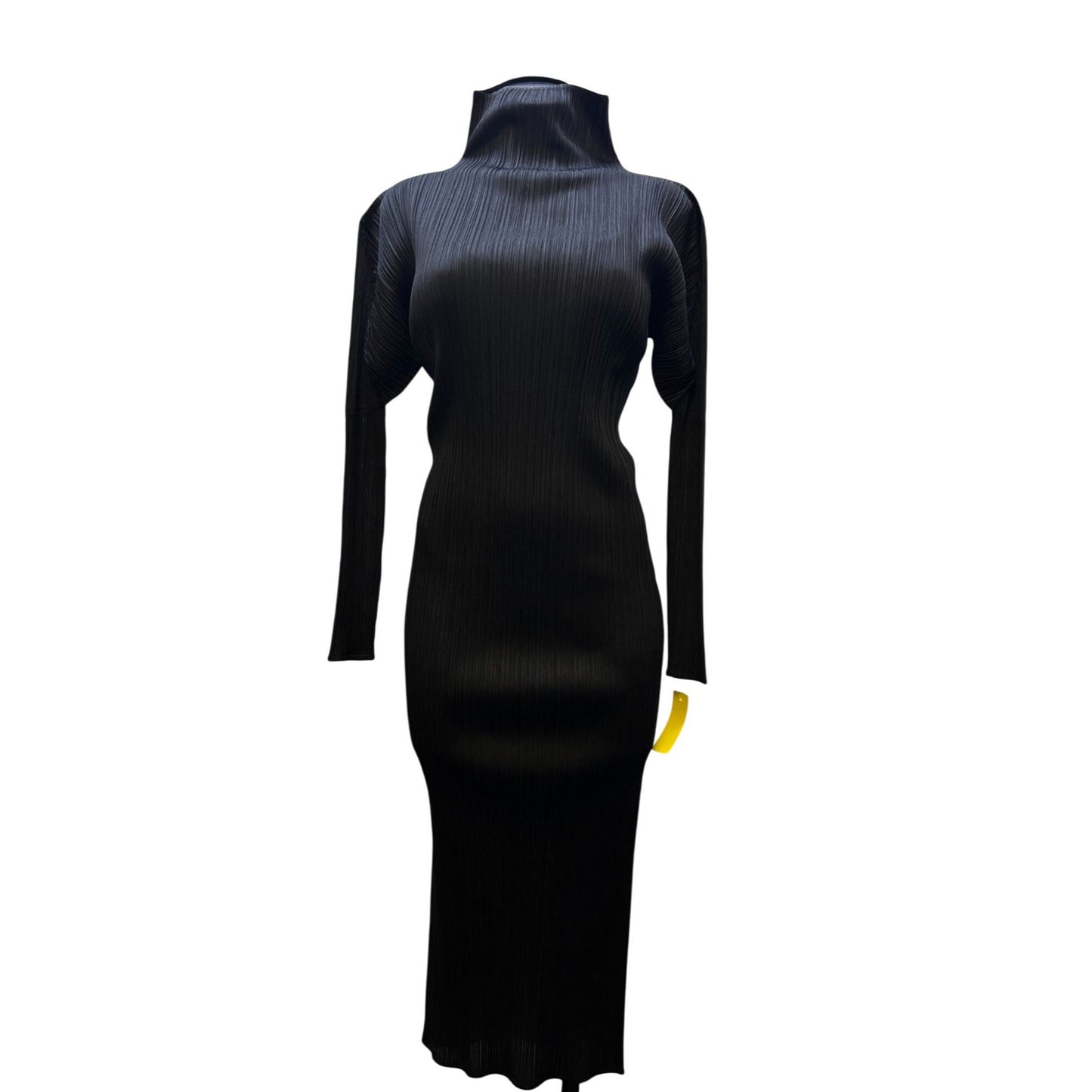 Pleats Please Black Midi Dress With High Neck & Long Sleeves M