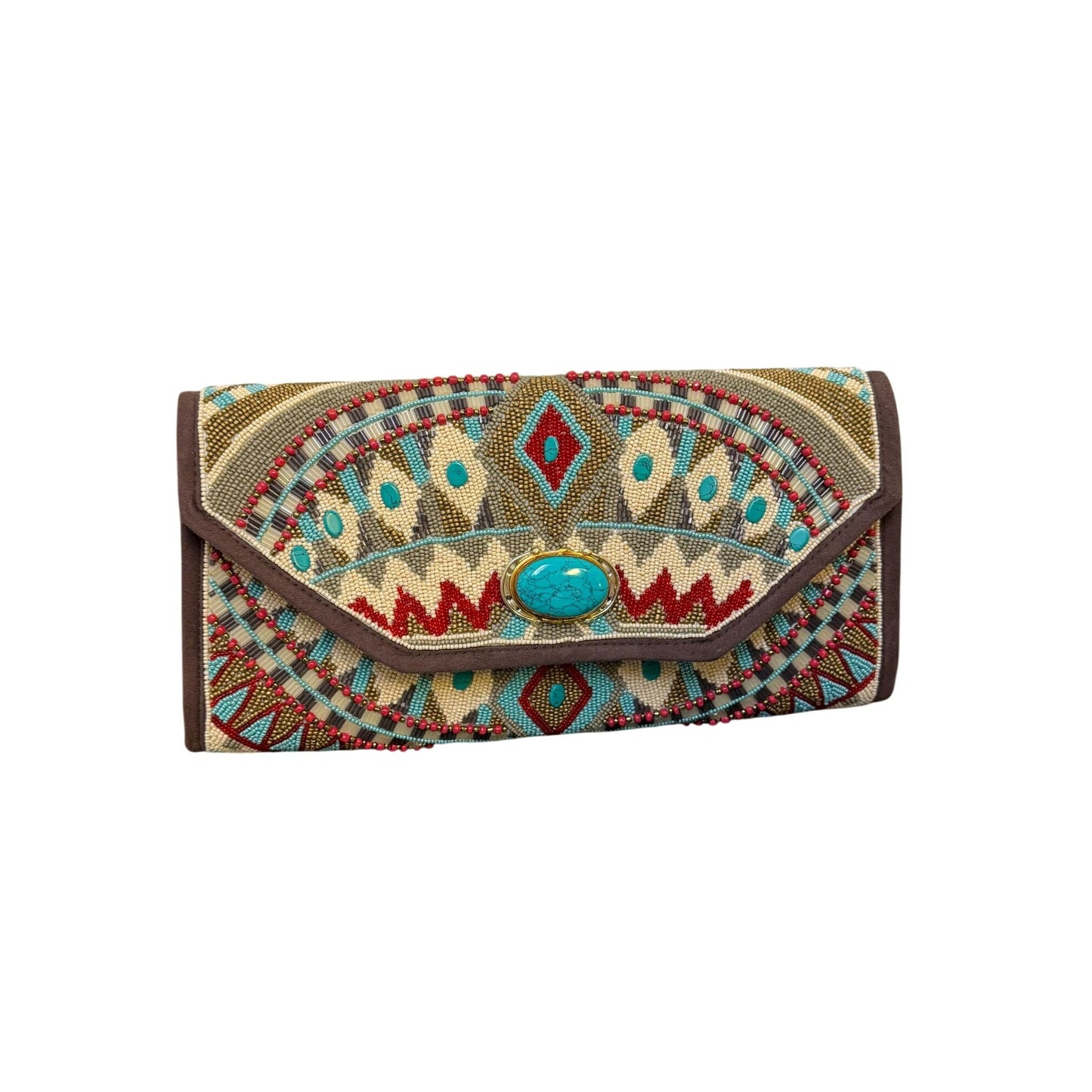 Mary Frances Turquoise Power Beaded Clutch Bag With Chain Strap